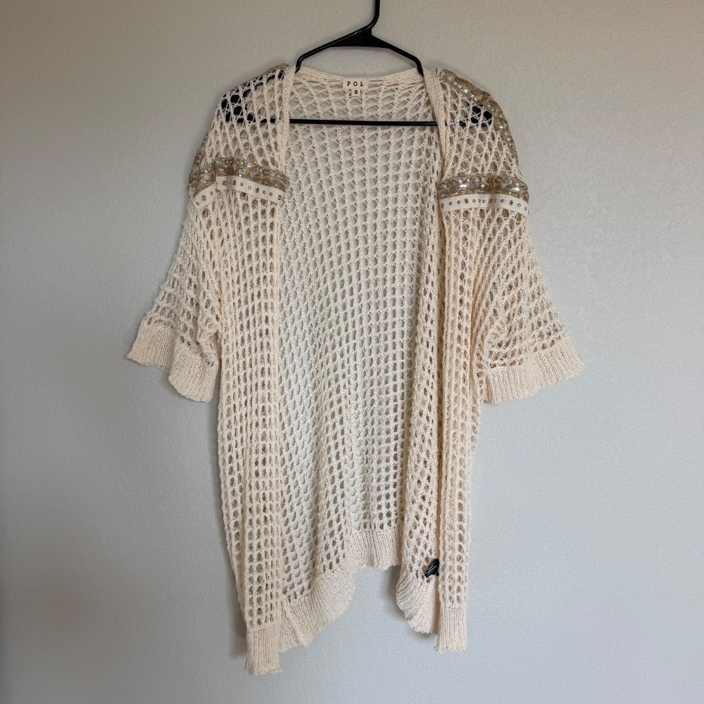 POL Women Cream Open Knit Cardigan Sequin Beaded Boho Festival Hippie Small
